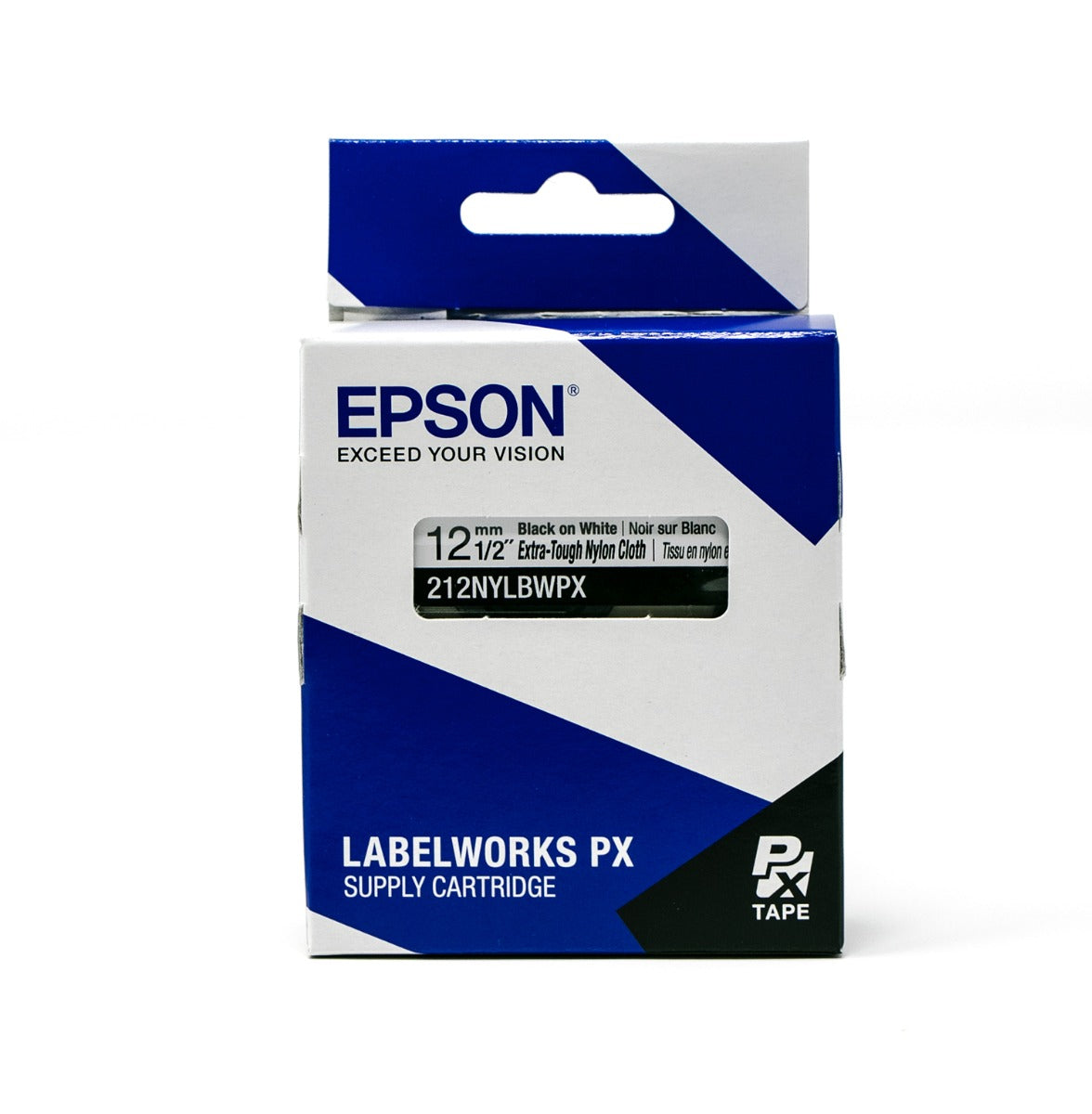 Epson LabelWorks PX Extra-Tough Nylon Cloth 1/2" x 19' Black on White Tape - 212NYLBWPX