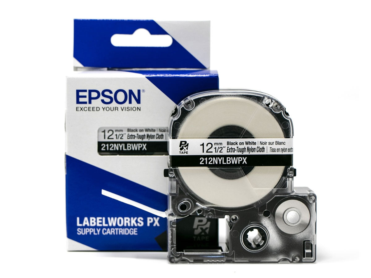 Epson LabelWorks PX Extra-Tough Nylon Cloth 1/2" x 19’ Black on White Tape - 212NYLBWPX