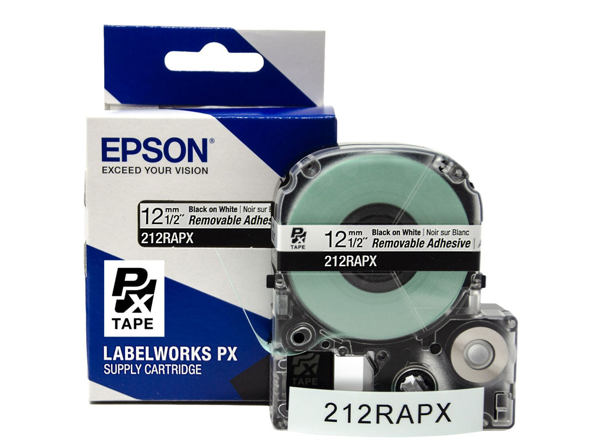Epson LABELWORKS PX Removable Adhesive 1/2" (12mm) x 30 ft Black on White Tape - 212RAPX