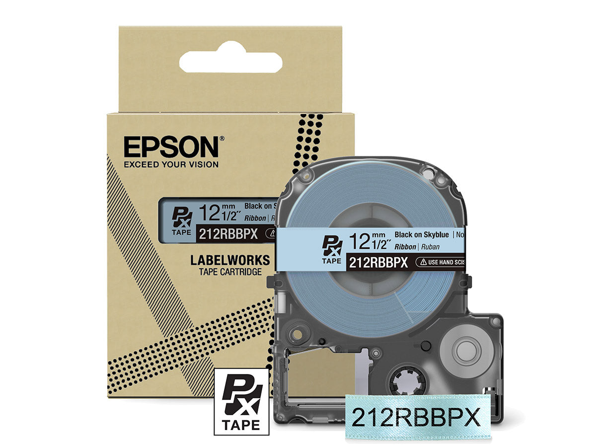 Epson LabelWorks PX 1/2" (12mm) X 16 FT Black on Blue Ribbon Tape - 212RBBPX