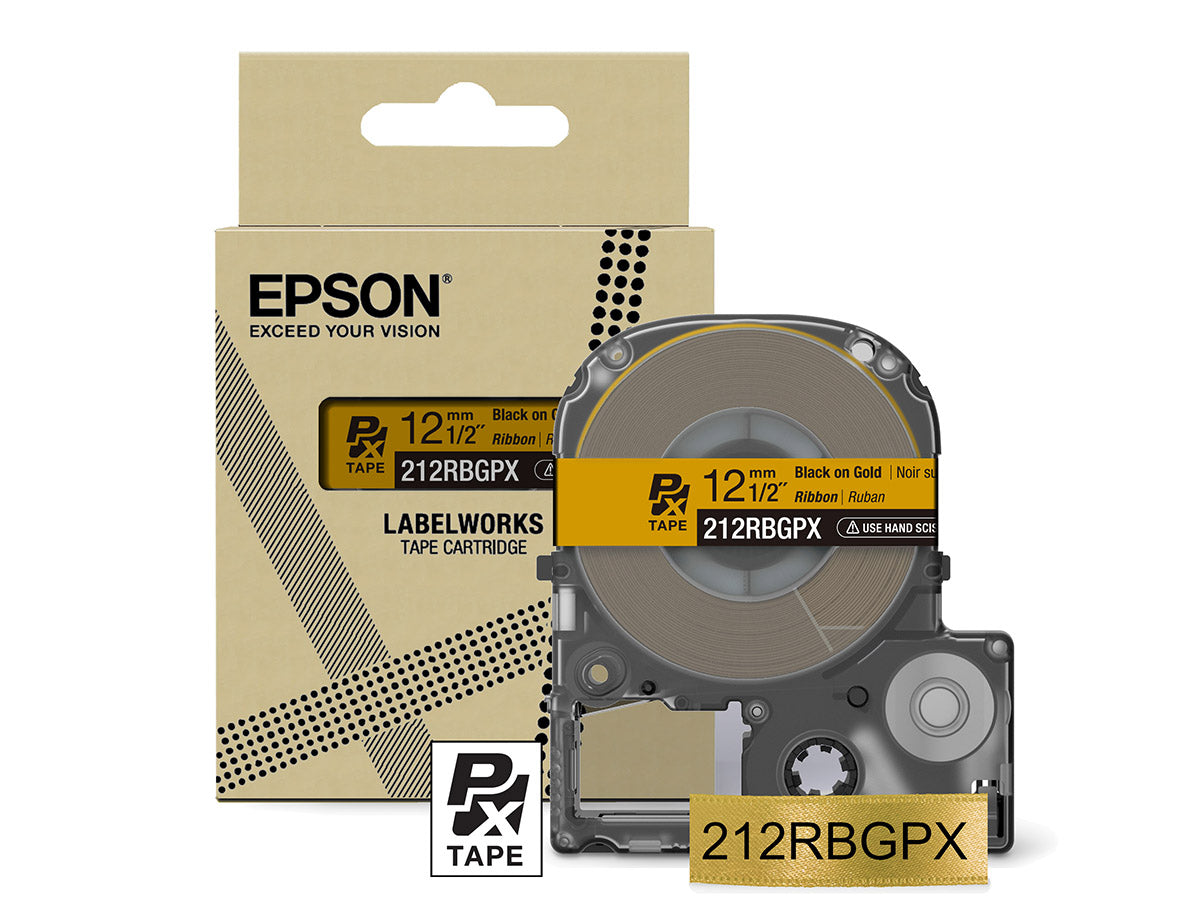 Epson LabelWorks PX 1/2" (12mm) X 16 FT Black on Gold Ribbon Tape - 212RBGPX