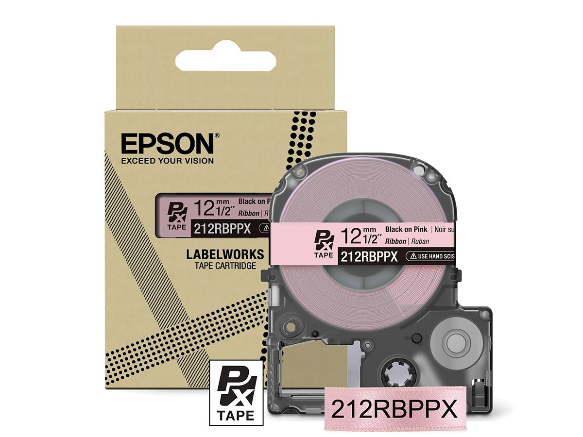 Epson LabelWorks PX 1/2" (12mm) X 16 FT Black on Pink Ribbon Tape - 212RBPPX