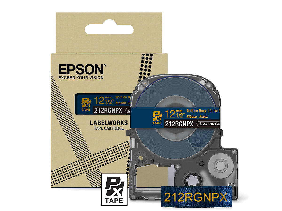 Epson LabelWorks PX 1/2" (12mm) X 16 FT Gold on Navy Ribbon Tape - 212RGNPX