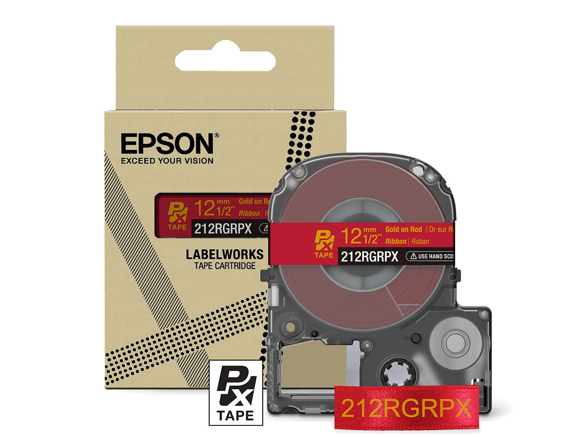 Epson LabelWorks PX 1/2" (12mm) X 16 FT Gold on Red Ribbon Tape - 212RGRPX