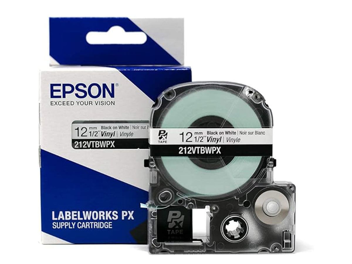 Epson LABELWORKS PX Vinyl 1/2" (12mm)  x 22.9 ft Black on White Tape - 212VTBWPX