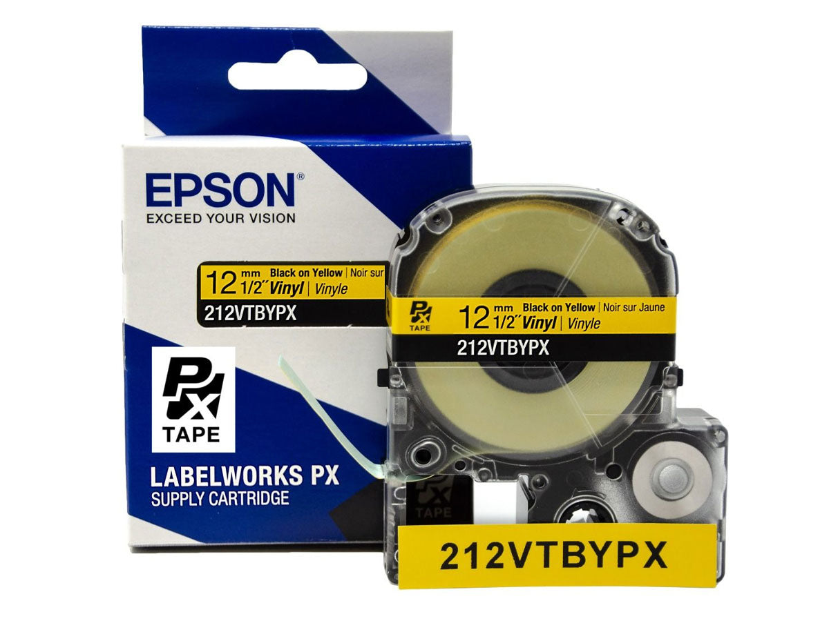 Epson LABELWORKS PX Vinyl 1/2" (12mm)  x 22.9 ft Black on Yellow Tape - 212VTBYPX