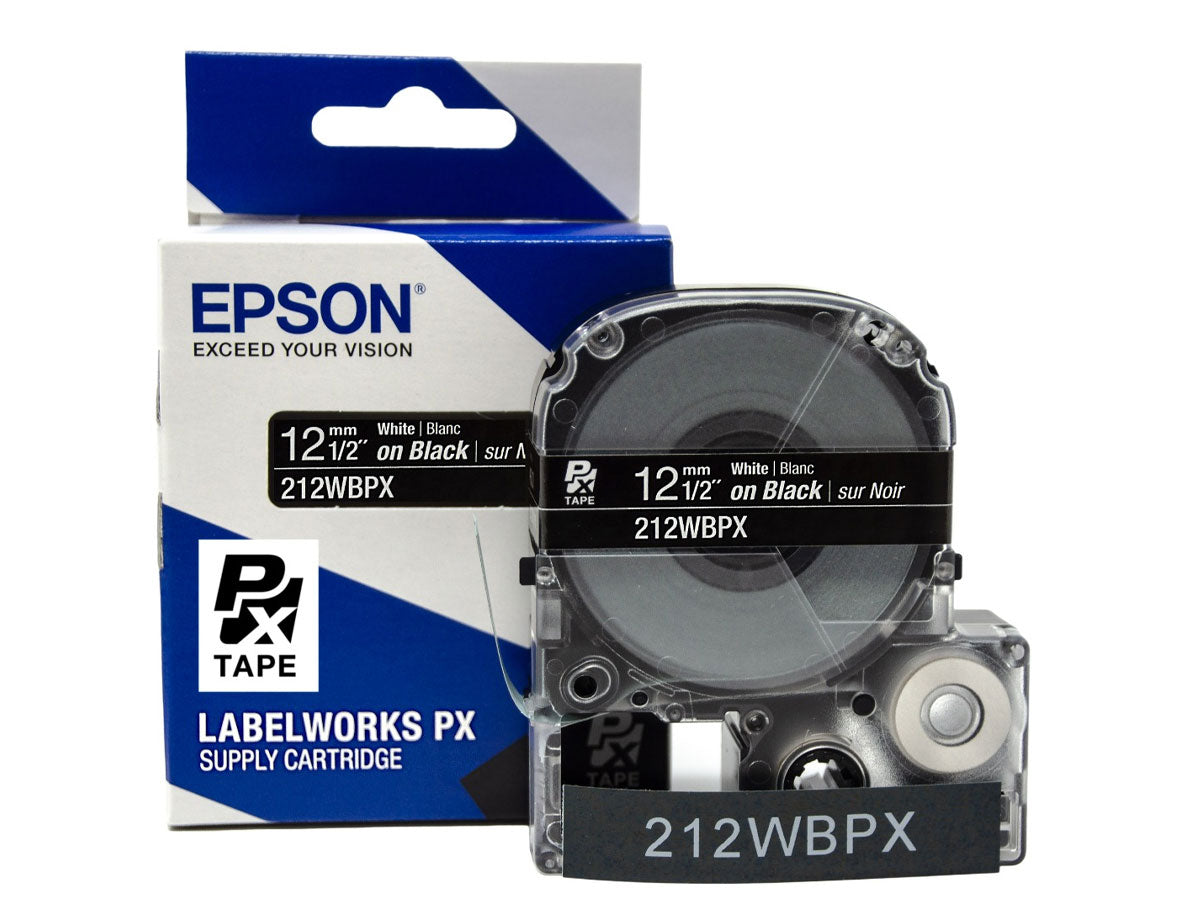 Epson LABELWORKS PX Standard 1/2" (12mm) x 30 ft White on Black Tape - 212WBPX