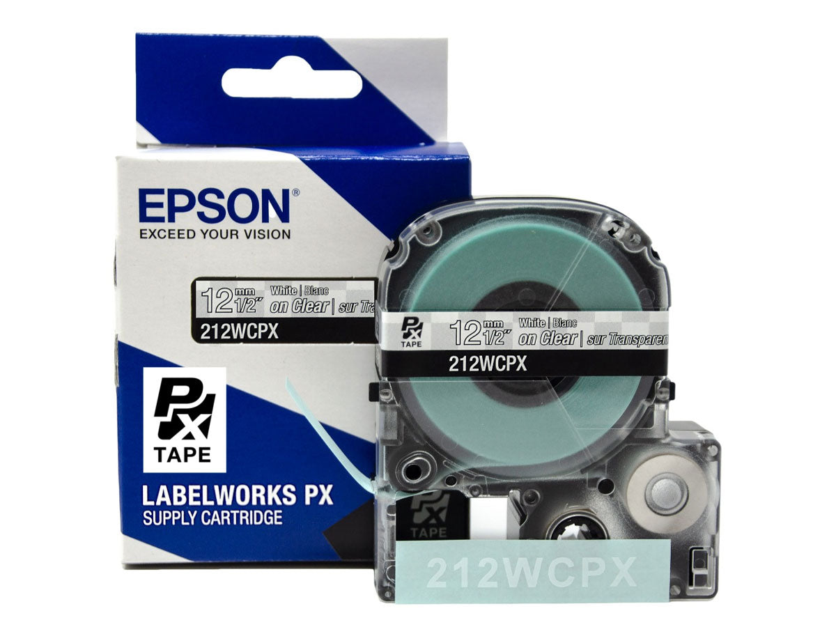 Epson LABELWORKS PX Standard 1/2" (12mm) x 30 ft White on Clear Tape - 212WCPX