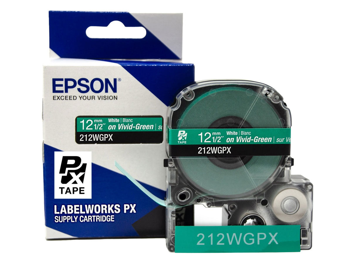Epson LABELWORKS PX Standard 1/2" (12mm) x 30 ft White on Vivid-Green Tape - 212WGPX