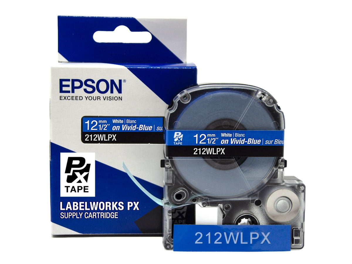 Epson LABELWORKS PX Standard 1/2" (12mm) x 30 ft White on Vivid-Blue Tape - 212WLPX
