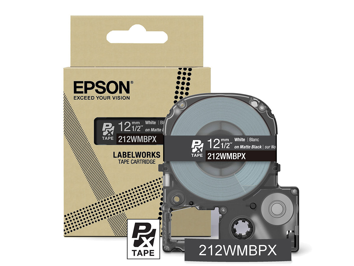 Epson LabelWorks PX Matte 1/2" (12mm) X 26 FT White on Matte Black Tape - 212WMBPX