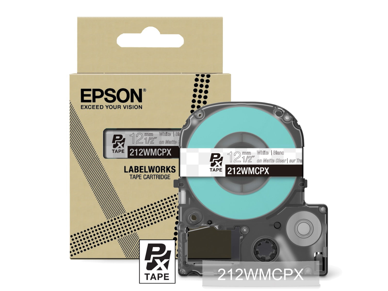 Epson LabelWorks PX Matte 1/2" (12mm) X 26 FT White on Clear Matte Tape - 212WMCPX
