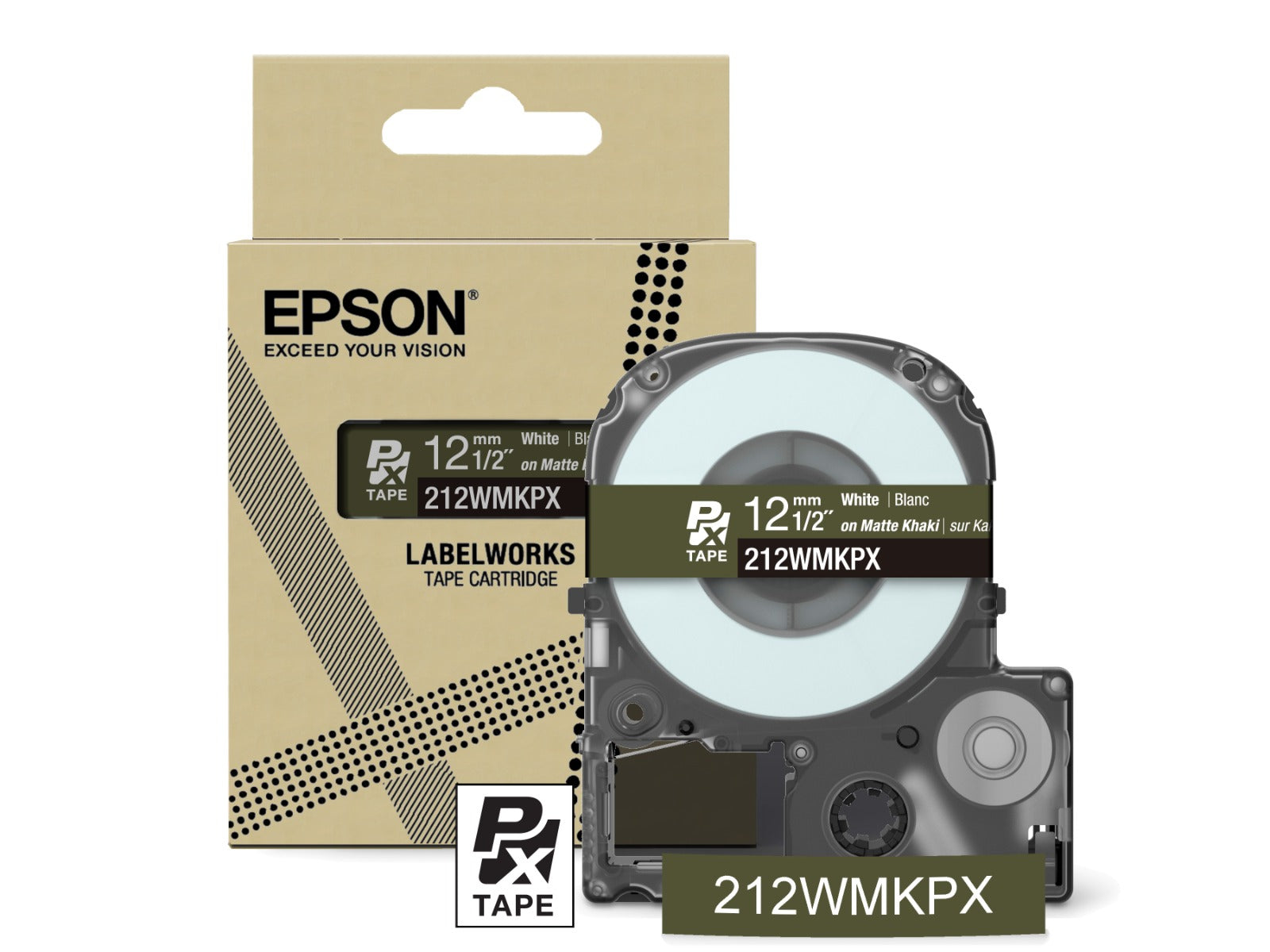 Epson LabelWorks PX Matte 1/2" (12mm) X 26 FT White on Matte Khaki Tape - 212WMKPX