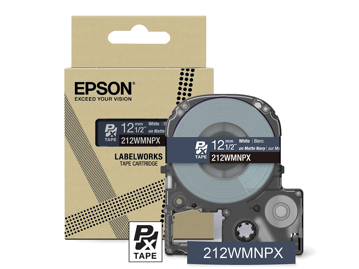 Epson LabelWorks PX Matte 1/2" (12mm) X 26 FT White on Matte Navy Tape - 212WMNPX