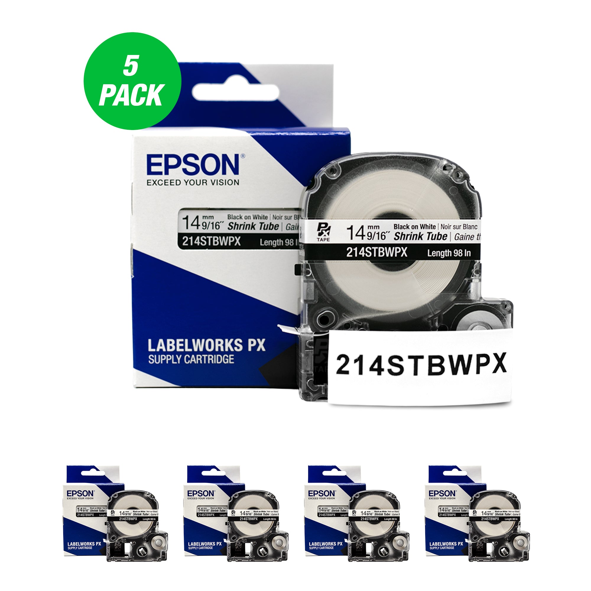 Epson LABELWORKS PX Shrink Tube 9/16" (AWG 0-5) x 98" Black on White Tape 5 Pack - 214STBWPX-5PK