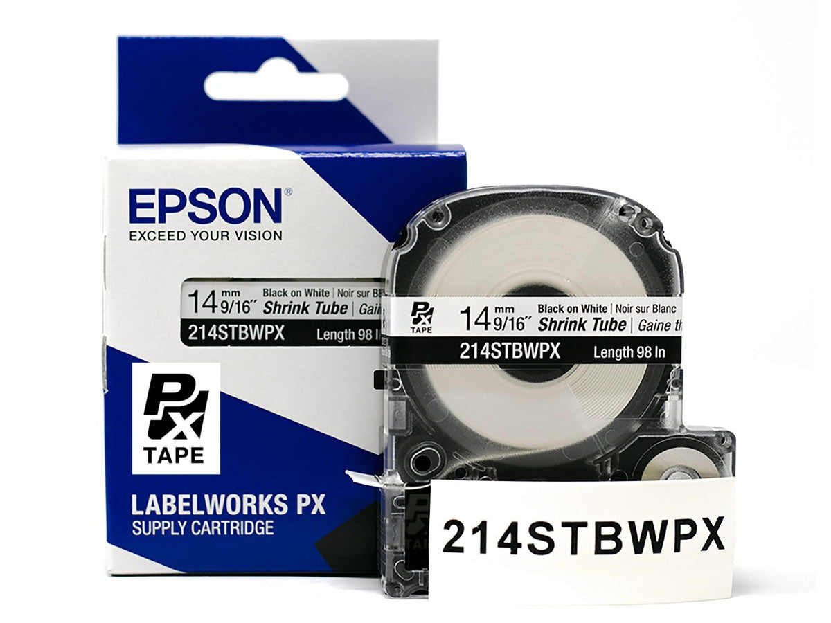 Epson LABELWORKS PX Shrink Tube 9/16" (AWG 0-5) x 98" Black on White Tape - 214STBWPX