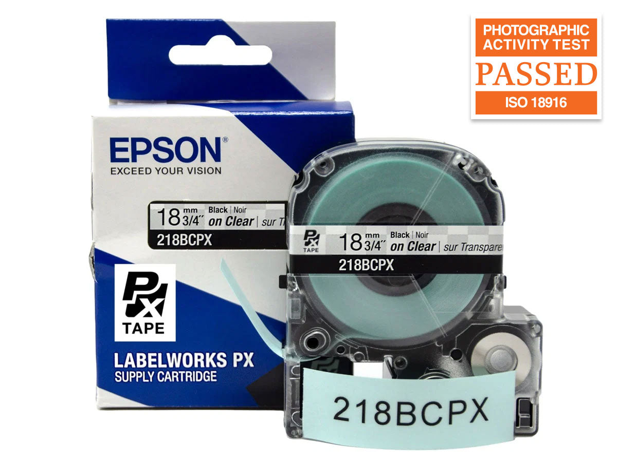 Epson LABELWORKS PX Standard 3/4" (18mm) x 30 ft Black on Clear Tape - 218BCPX