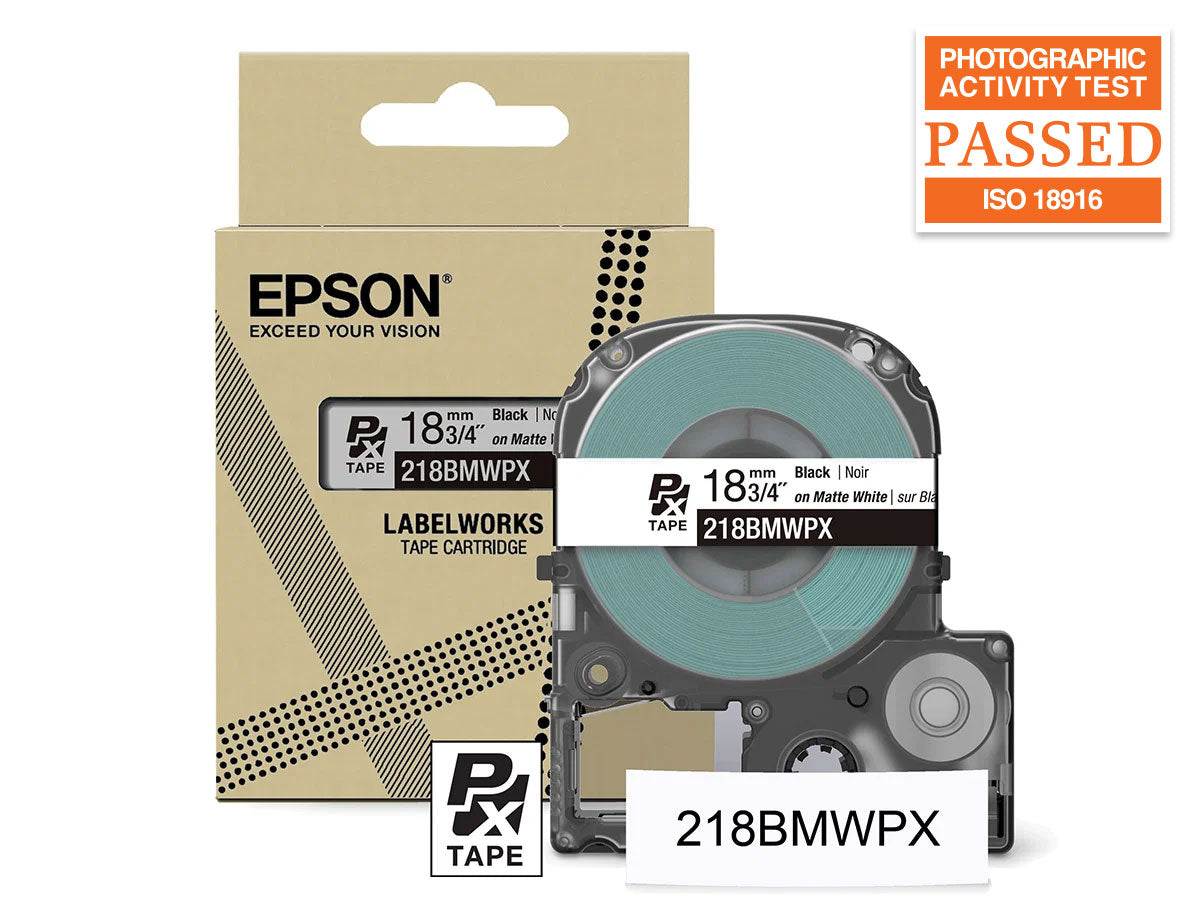 Epson LabelWorks PX Matte 3/4" (18mm) X 26 FT Black on White Matte Tape - 218BMWPX
