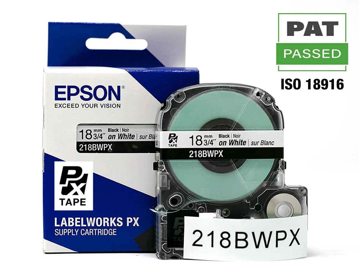 Epson LABELWORKS PX Standard 3/4"(18mm) x 30 ft Black on White Tape - 218BWPX
