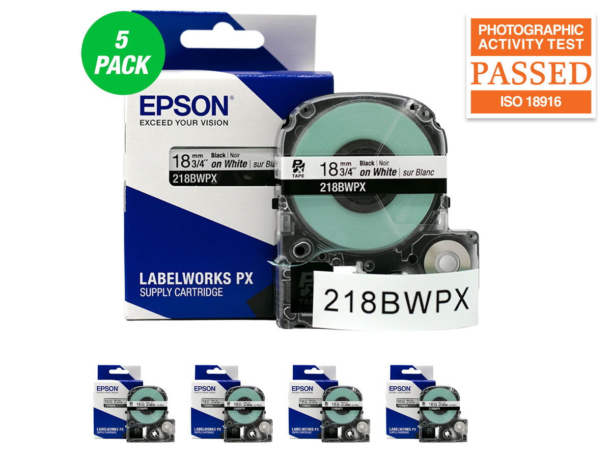 Epson LABELWORKS PX Standard 3/4"(18mm) x 30 ft Black on White Tape 5 Pack - 218BWPX-5PK