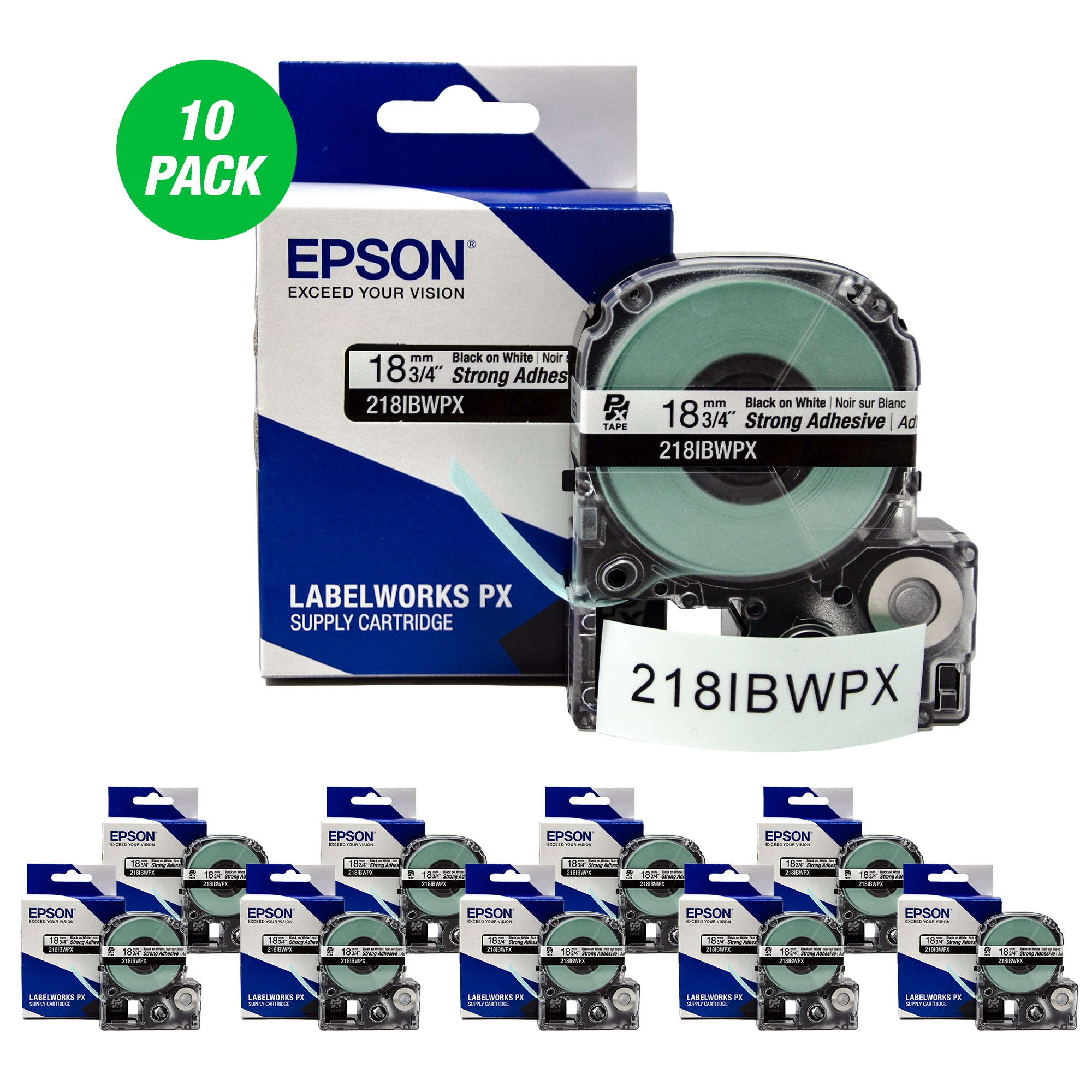 Epson LABELWORKS PX Strong Adhesive 3/4" (18mm) x 30 ft Black on White Tape 10 Pack - 218IBWPX-10PK