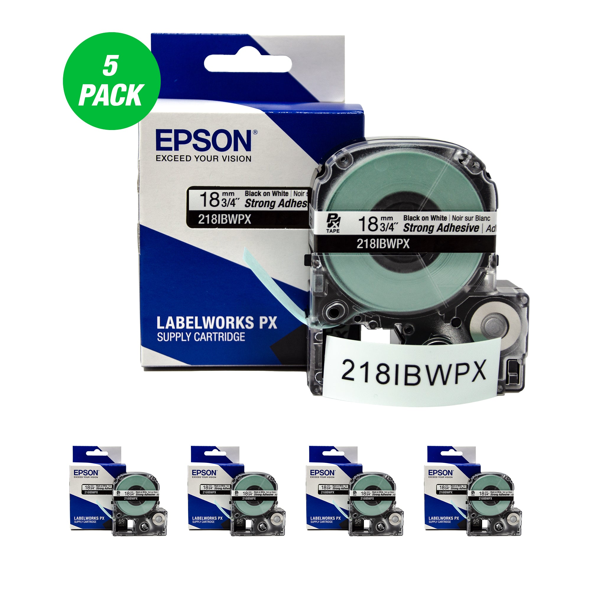 Epson LABELWORKS PX Strong Adhesive 3/4" (18mm) x 30 ft Black on White Tape 5 Pack - 218IBWPX-5PK