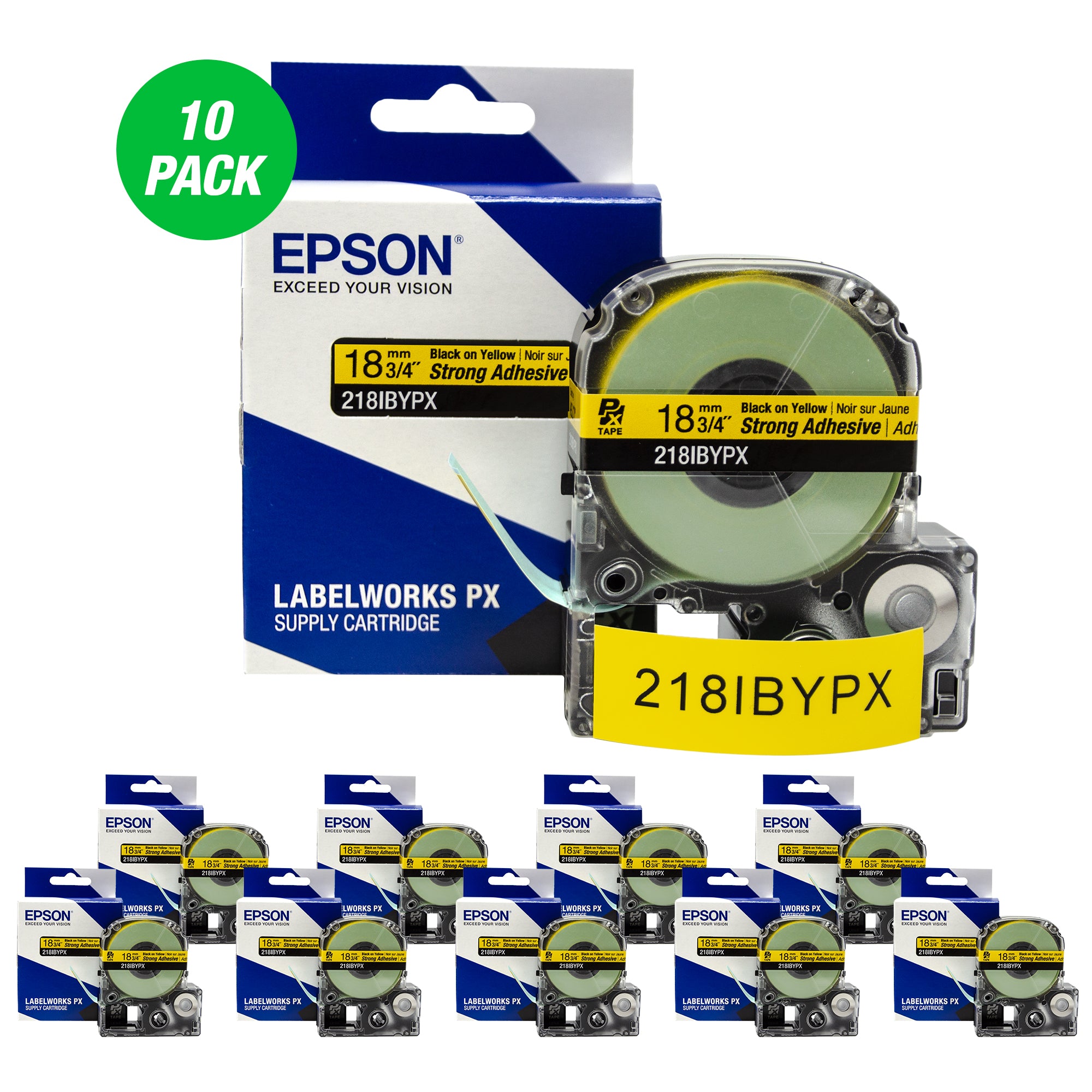 Epson LABELWORKS PX Strong Adhesive 3/4" (18mm) x 30 ft Black on Yellow Tape 10 Pack - 218IBYPX-10PK