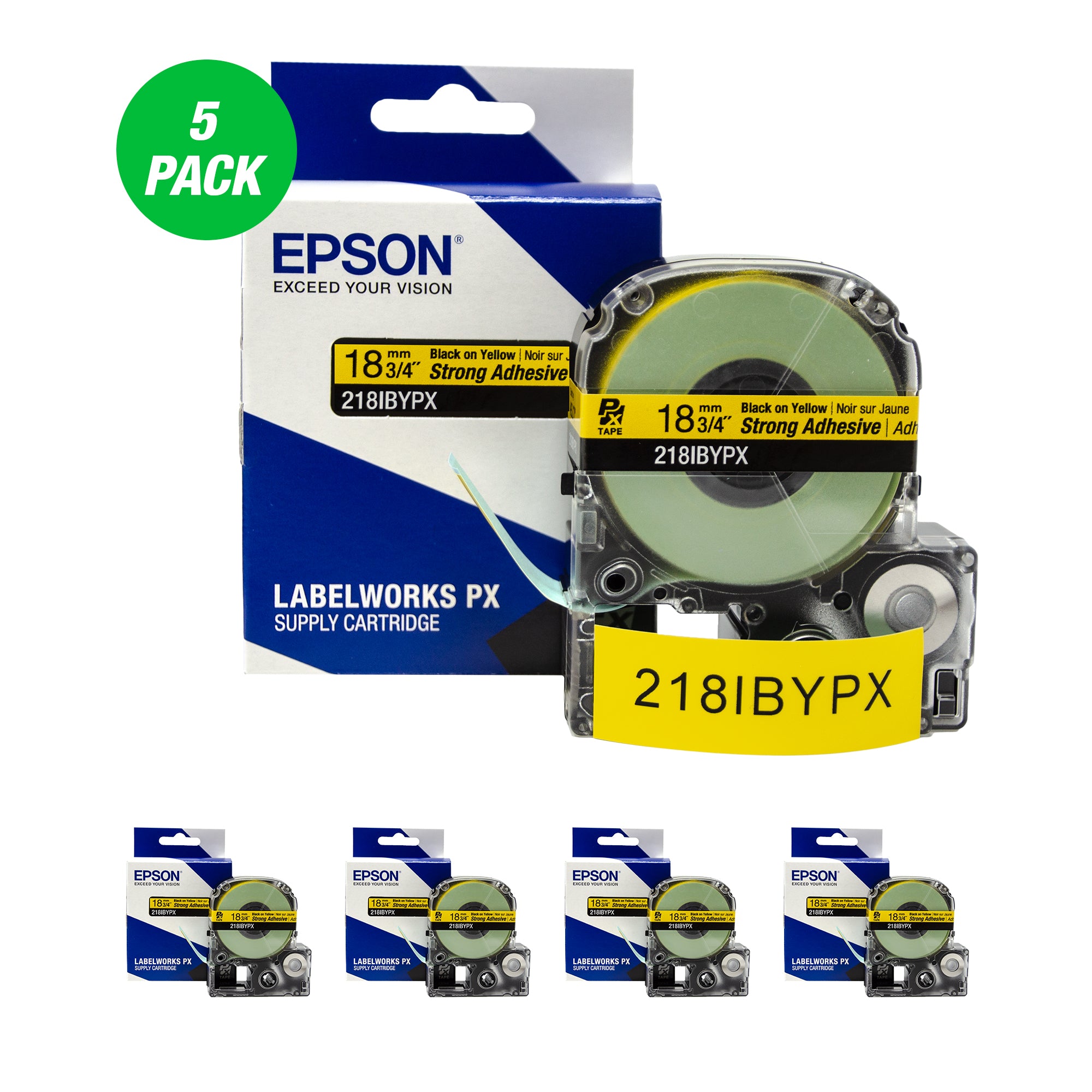Epson LABELWORKS PX Strong Adhesive 3/4" (18mm) x 30 ft Black on Yellow Tape 5 Pack - 218IBYPX-5PK
