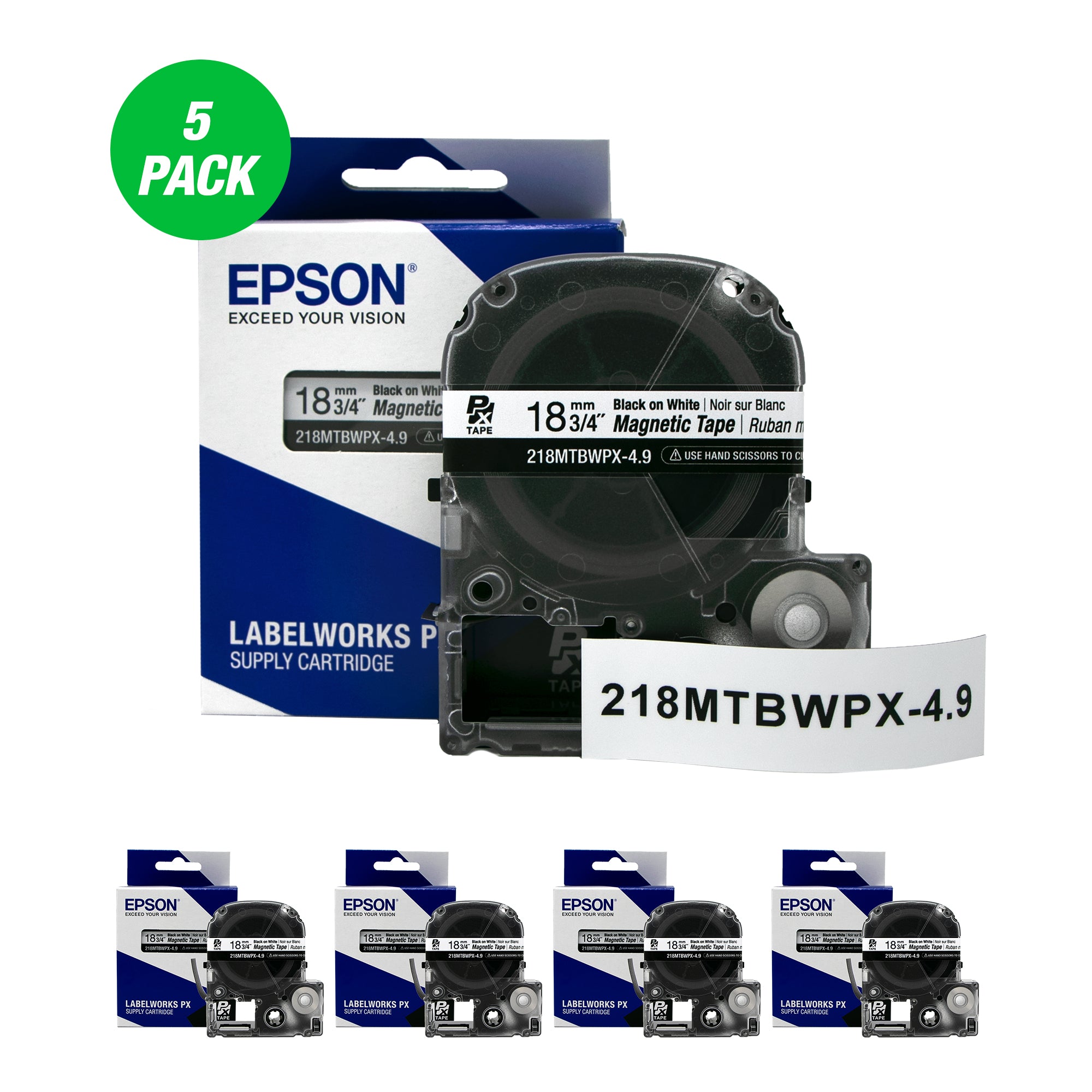 Epson LABELWORKS PX Magnetic 3/4" (18mm) x 4.9 ft Black on White Tape 5 Pack - 218MTBWPX-4.9-5PK