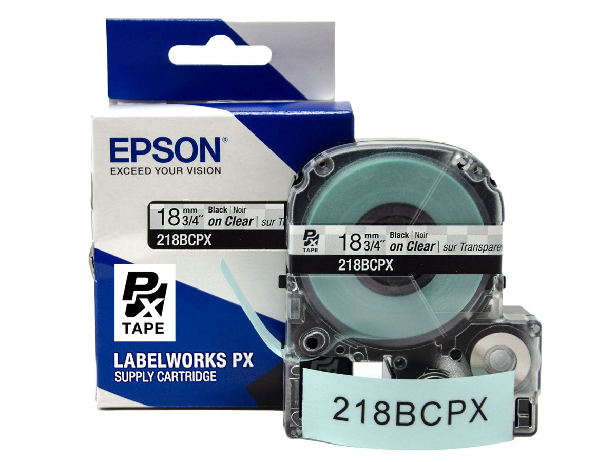 Epson LABELWORKS PX Standard 3/4" (18mm) x 30 ft Black on Clear Tape - 218BCPX