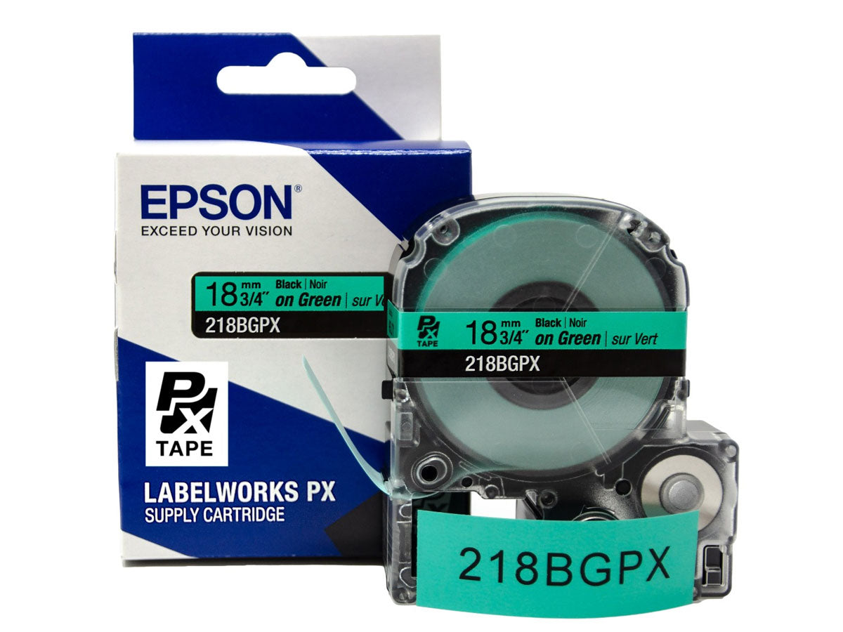 Epson LABELWORKS PX Standard 3/4" (18mm) x 30 ft Black on Green Tape - 218BGPX