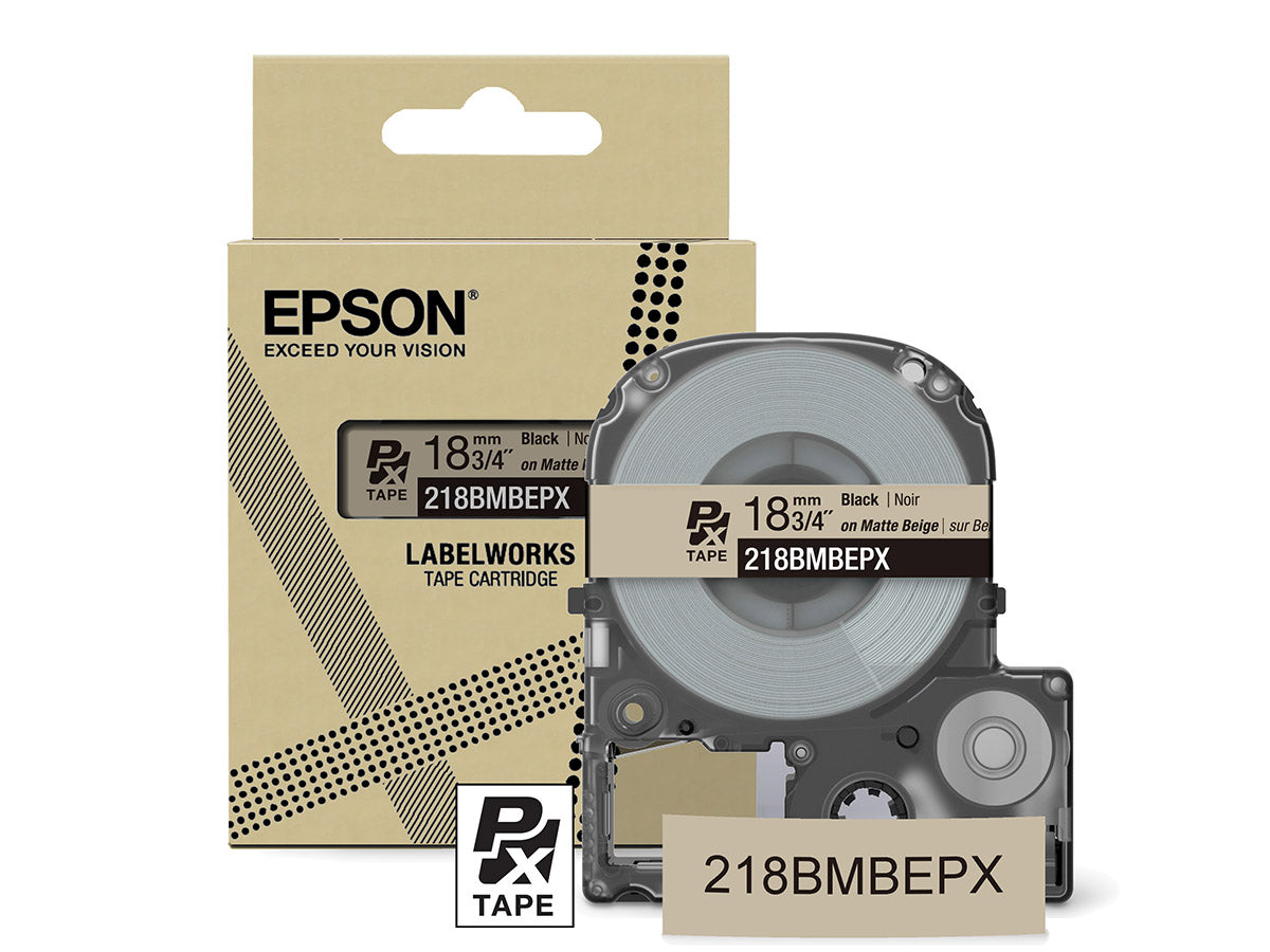 Epson LabelWorks PX Matte 3/4" (18mm) X 26 FT Black on Matte Beige Tape - 218BMBEPX