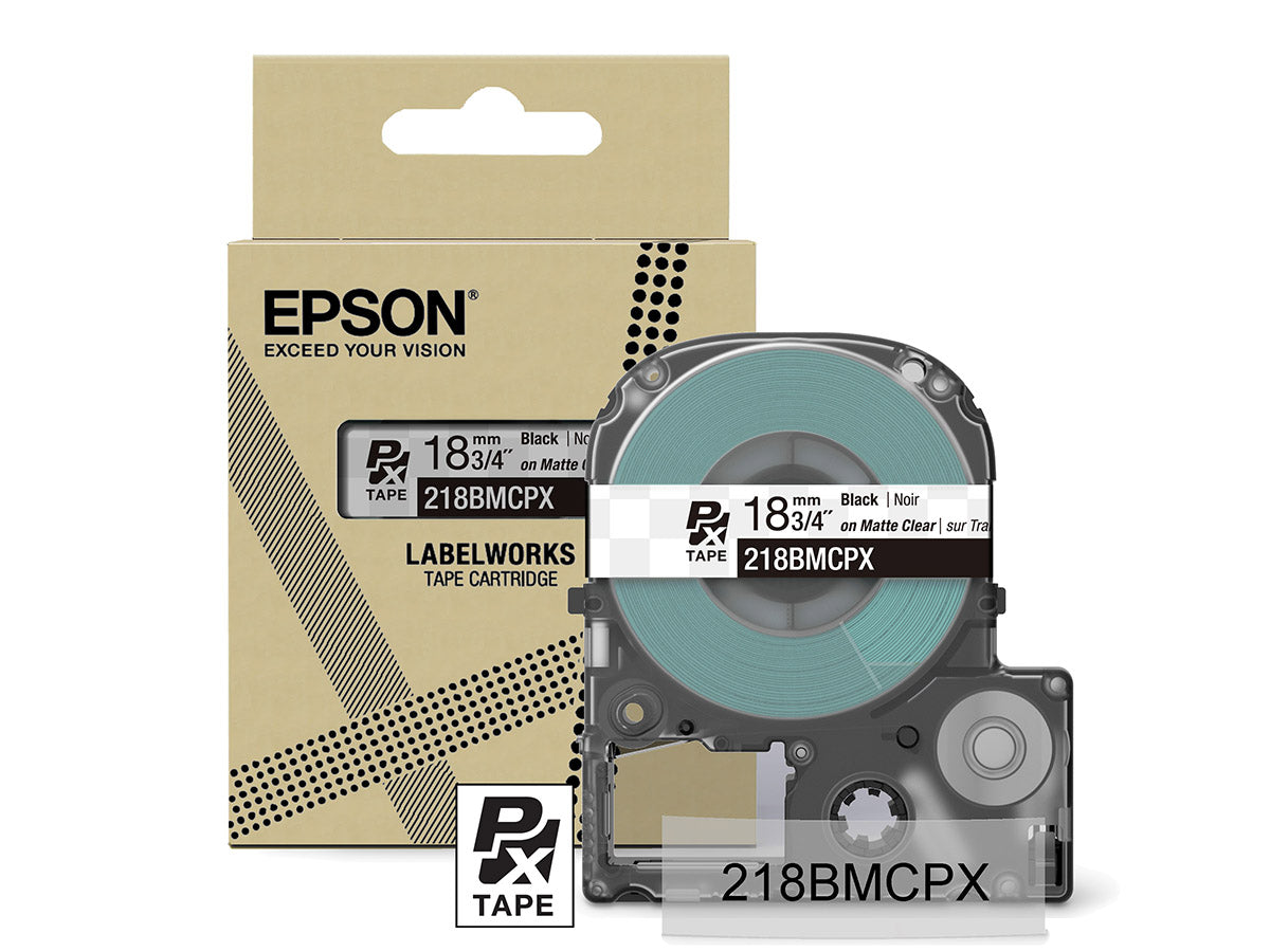 Epson LabelWorks PX Matte 3/4" (18mm) X 26 FT Black on Clear Matte Tape - 218BMCPX
