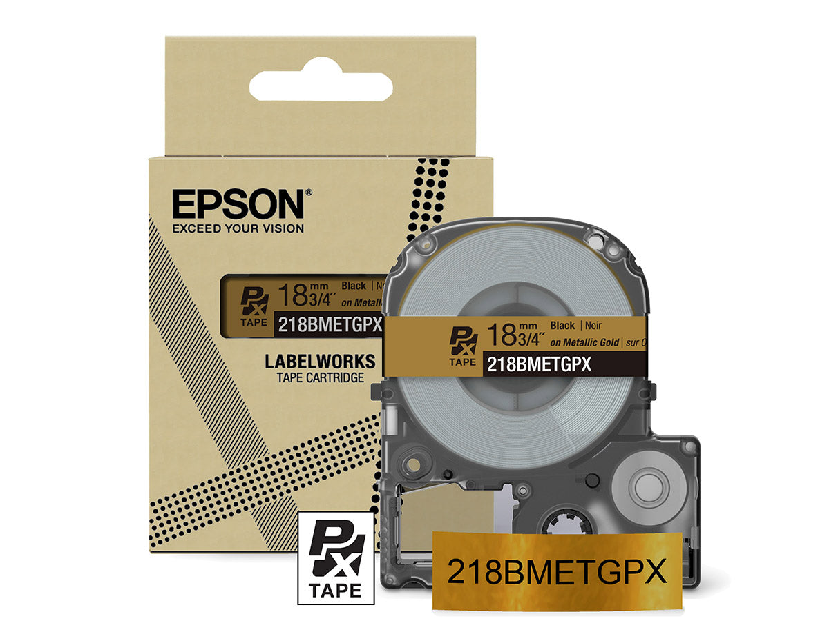 Epson LabelWorks PX Metallic 3/4" (18mm) X 30 FT Black on Metallic Gold Tape - 218BMETGPX