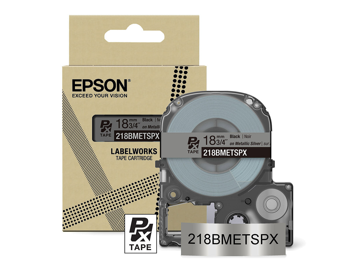 Epson LabelWorks PX Metallic 3/4" (18mm) X 30 FT Black on Metallic Silver Tape - 218BMETSPX