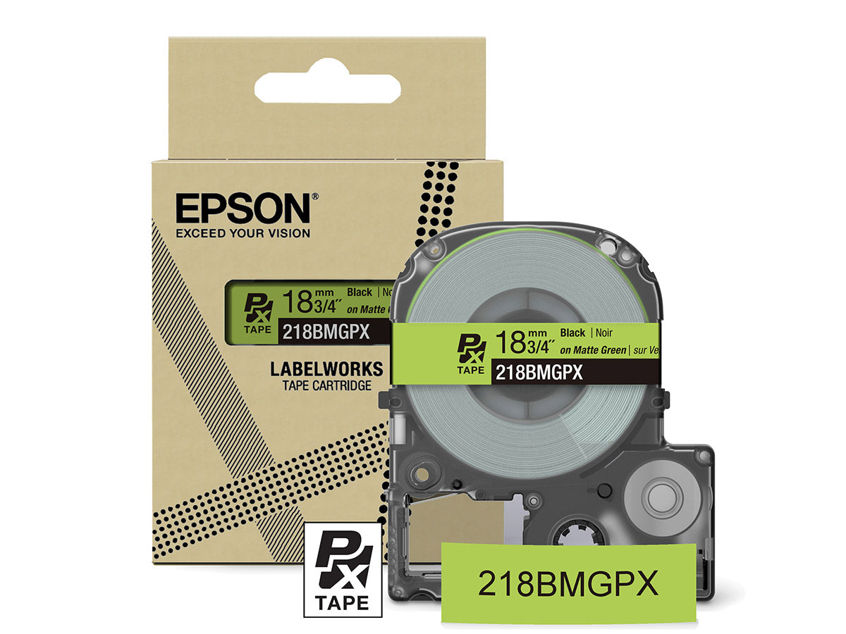 Epson LabelWorks PX Matte 3/4" (18mm) X 26 FT Black on Matte Green Tape - 218BMGPX