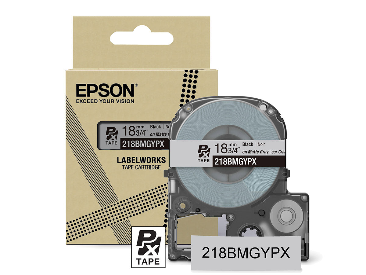 Epson LabelWorks PX Matte 3/4" (18mm) X 26 FT Black on Matte Light Gray Tape - 218BMGYPX