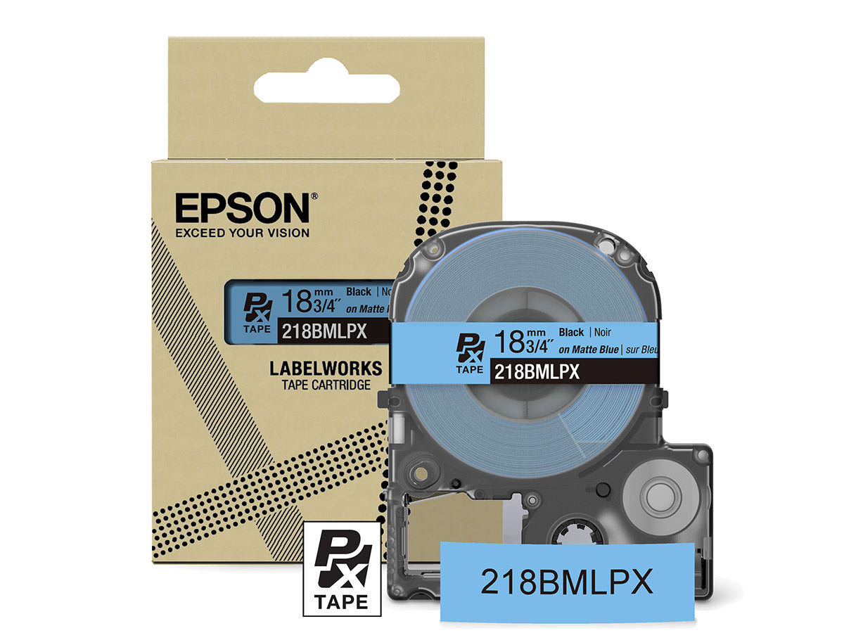 Epson LabelWorks PX Matte 3/4" (18mm) X 26 FT Black on Matte Blue Tape - 218BMLPX