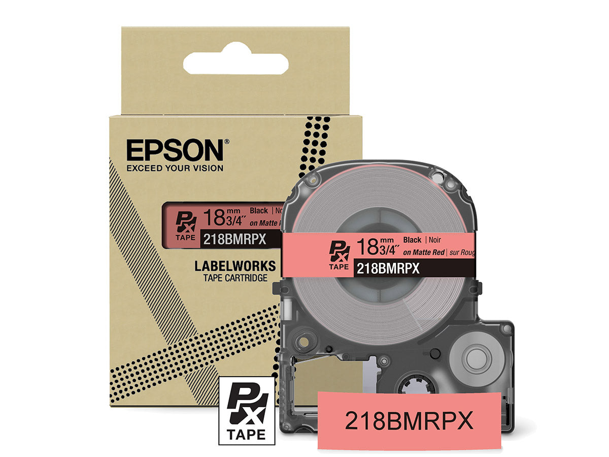 Epson LabelWorks PX Matte 3/4" (18mm) X 26 FT Black on Matte Red Tape - 218BMRPX