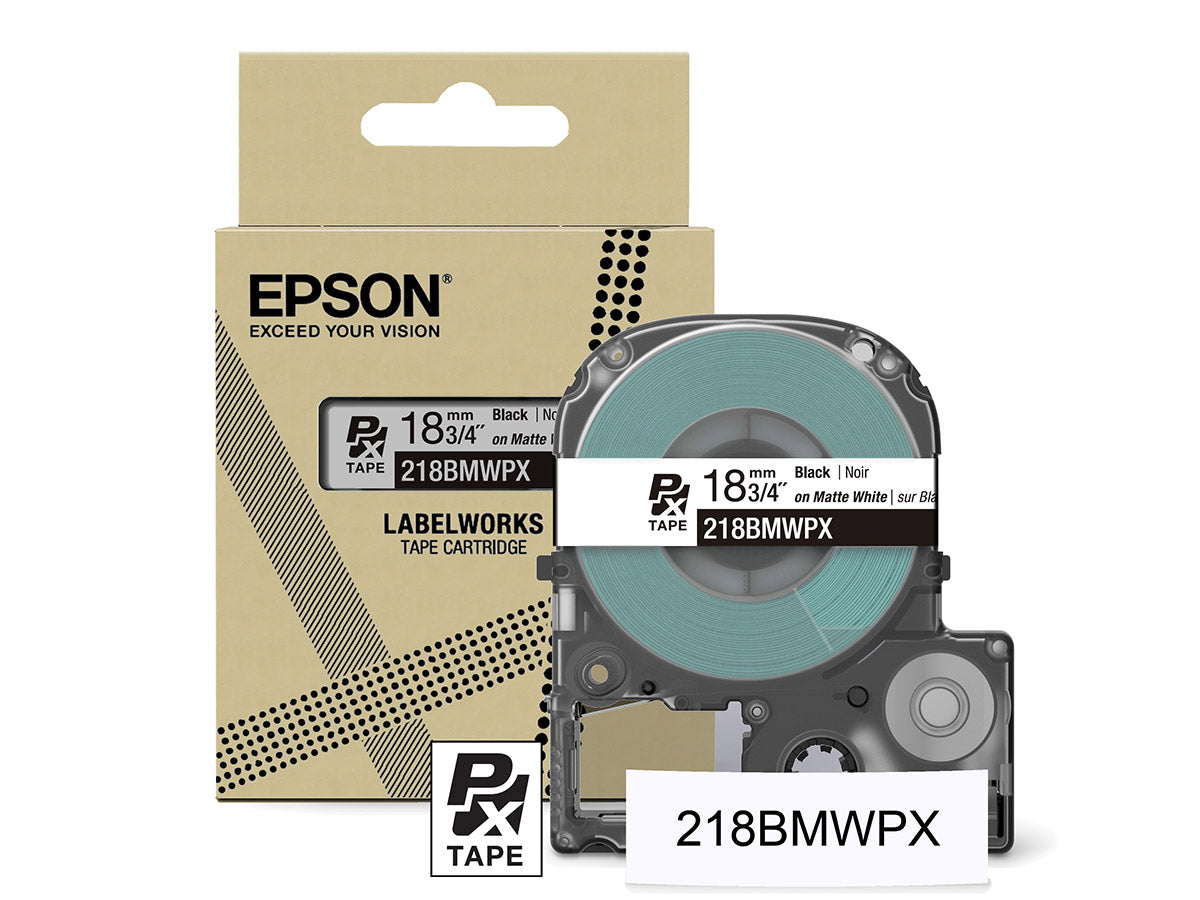 Epson LabelWorks PX Matte 3/4" (18mm) X 26 FT Black on White Matte Tape - 218BMWPX