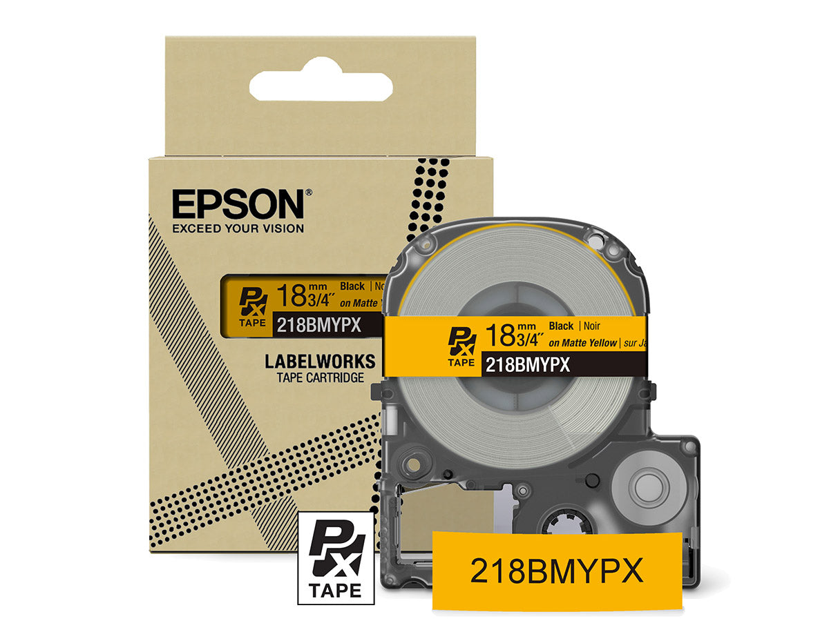 Epson LabelWorks PX Matte 3/4" (18mm) X 26 FT Black on Matte Yellow Tape - 218BMYPX
