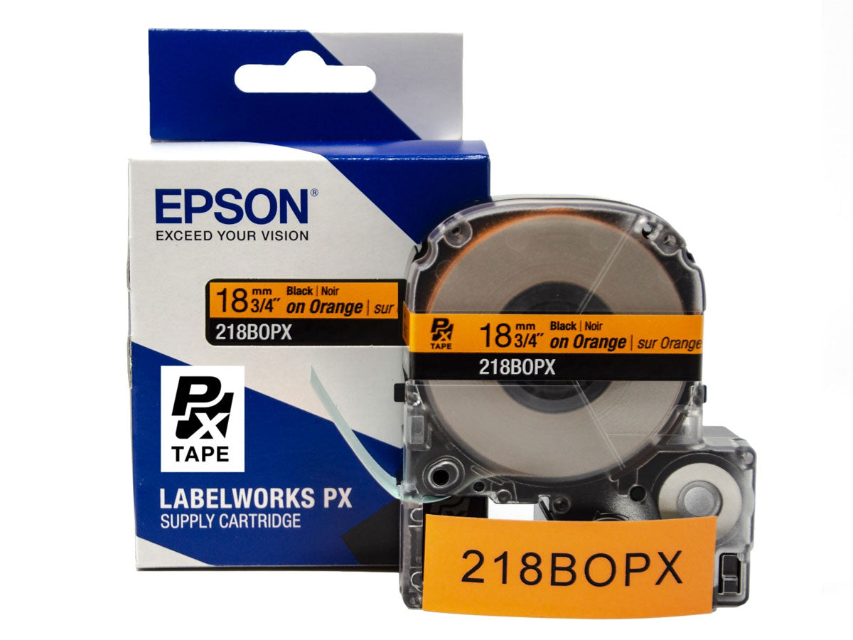 Epson LABELWORKS PX Standard 3/4" (18mm) x 30 ft Black on Orange Tape - 218BOPX