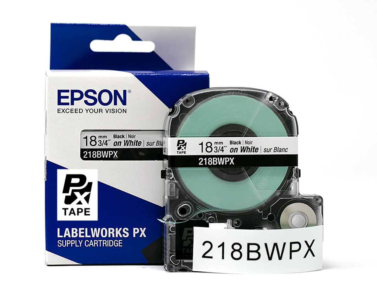 Epson LABELWORKS PX Standard 3/4"(18mm) x 30 ft Black on White Tape - 218BWPX