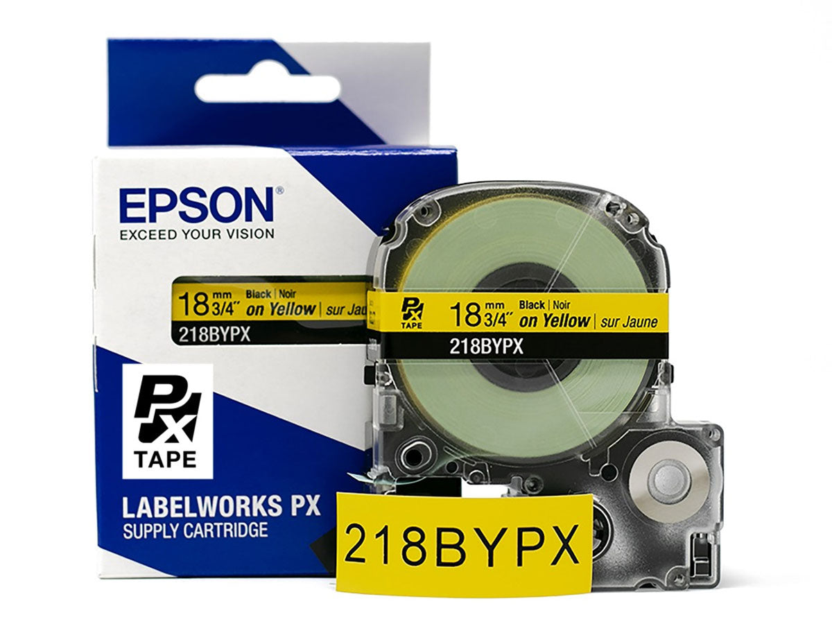 Epson LABELWORKS PX Standard 3/4" (18mm) x 30 ft Black on Yellow Tape - 218BYPX