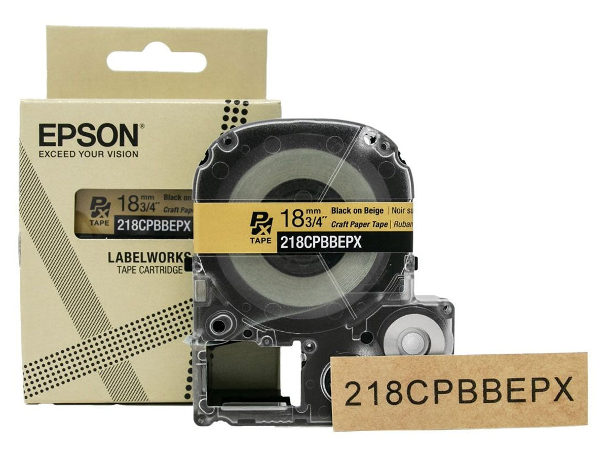 Epson LabelWorks PX 3/4" (18mm) X 16.5 FT Black on Beige Craft Paper Tape - 218CPBBEPX