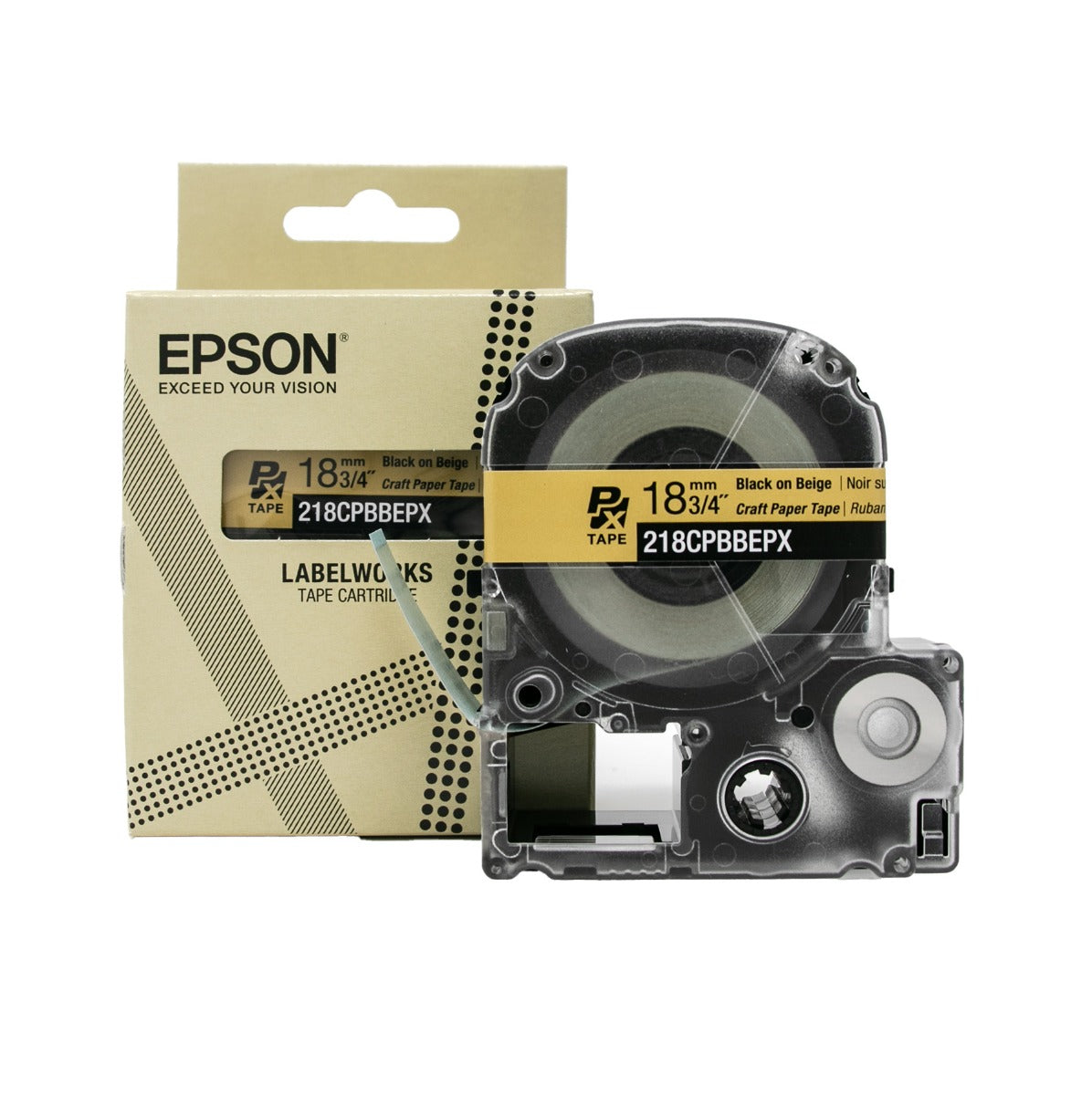 Epson LabelWorks PX 3/4" (18mm) X 16.5 FT Black on Beige Craft Paper Tape - 218CPBBEPX