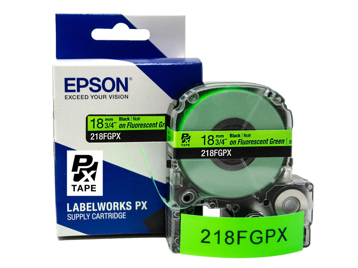 Epson LABELWORKS PX Standard 3/4" (18mm) x 30 ft Black on Fluorescent Green Tape - 218FGPX