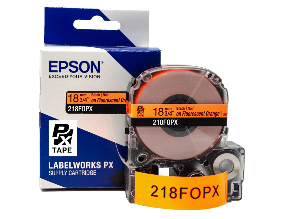 Epson LABELWORKS PX Fluorescent 3/4" (18mm) x 30 ft Black on Fluorescent Orange Tape - 218FOPX