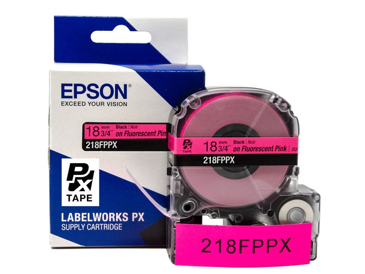 Epson LABELWORKS PX Fluorescent 3/4" (18mm) x 30 ft Black on Fluorescent Pink Tape - 218FOPX