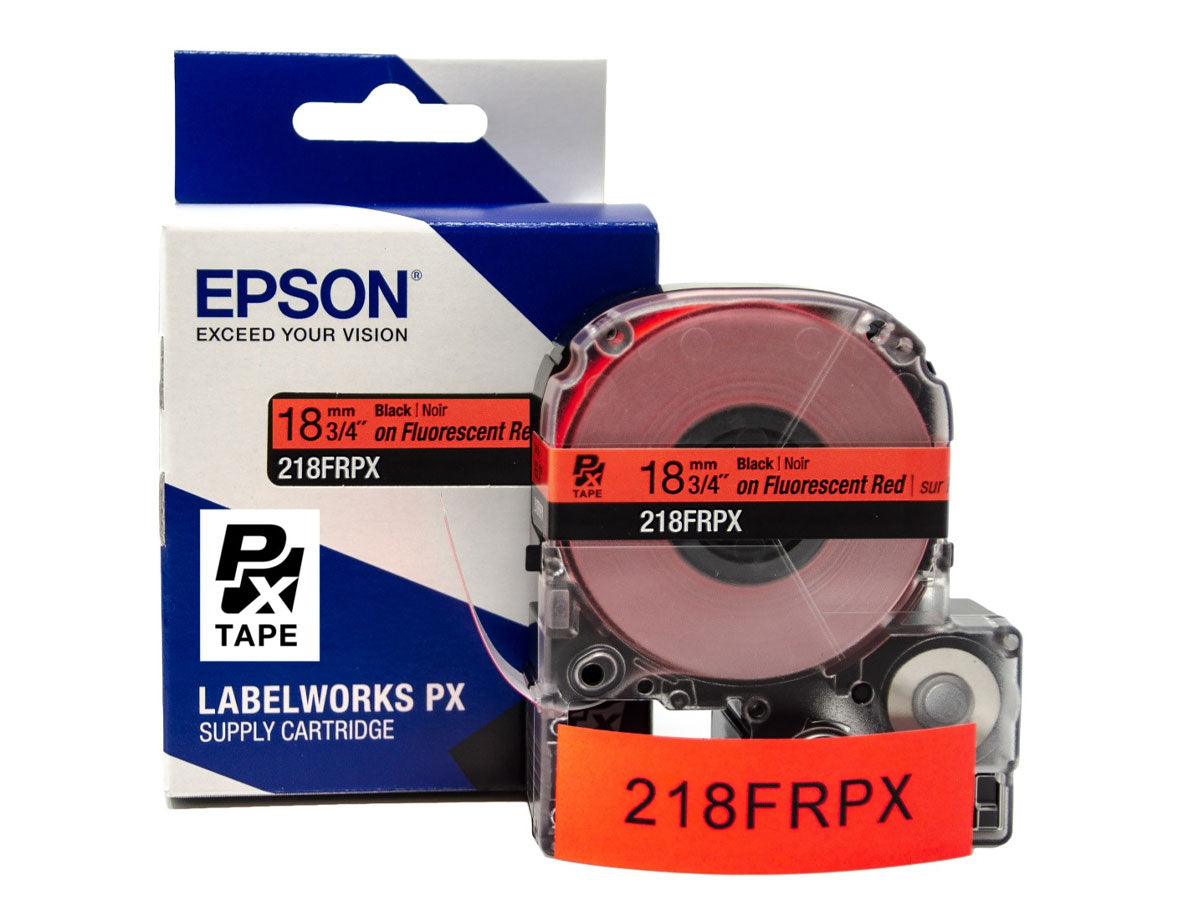 Epson LABELWORKS PX Fluorescent 3/4" (18mm) x 30 ft Black on Fluorescent Red Tape - 218FRPX